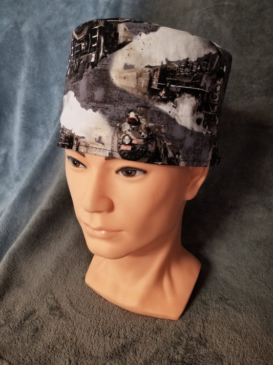 Steam Engine Train Print LARGE Scrub Cap same top with hook and loop fasteners ready to ship.