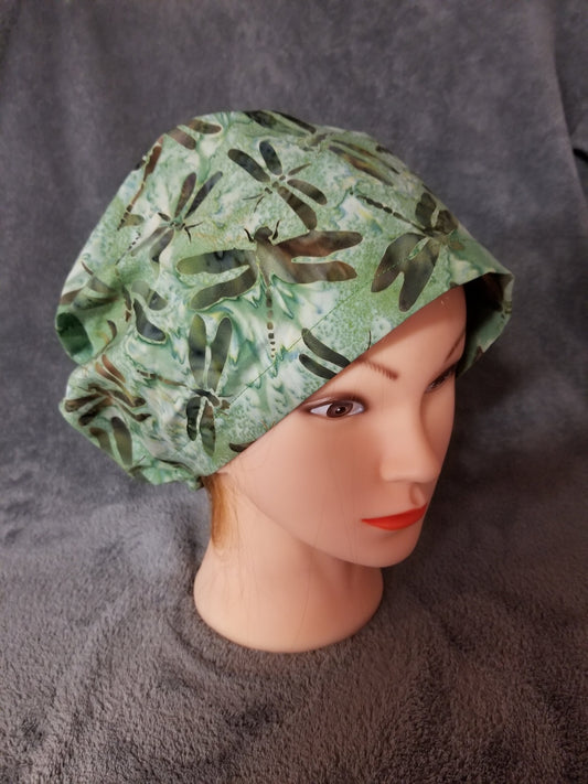 Brown Dragonflies on Green Print Batik Pixie Style Scrub Cap, Euro scrub cap