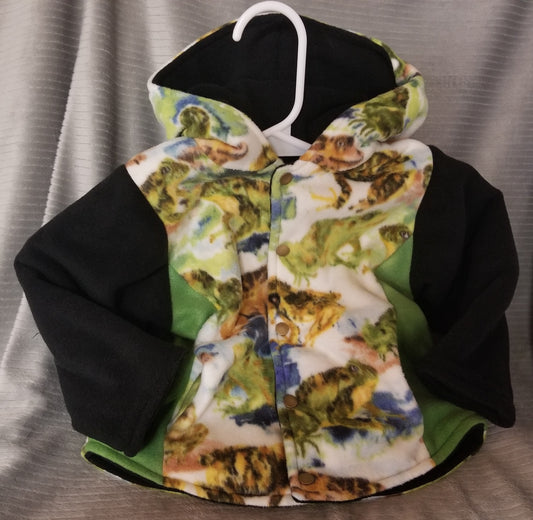 Frog Print Fleece Jacket with Black Fleece Lining with Snap Closure Size 2T, Kids Hooded Frog Jacket, Warm Hooded Fall Fleece Jacket
