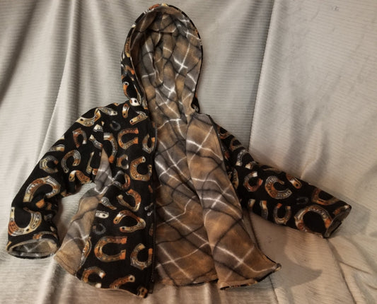 Horse Shoe Print Anti Pill Fleece Hooded Jacket with Brown Plaid Anti Pill Fleece Lining Size 5, Warm Hooded Fleece Jacket with Pockets