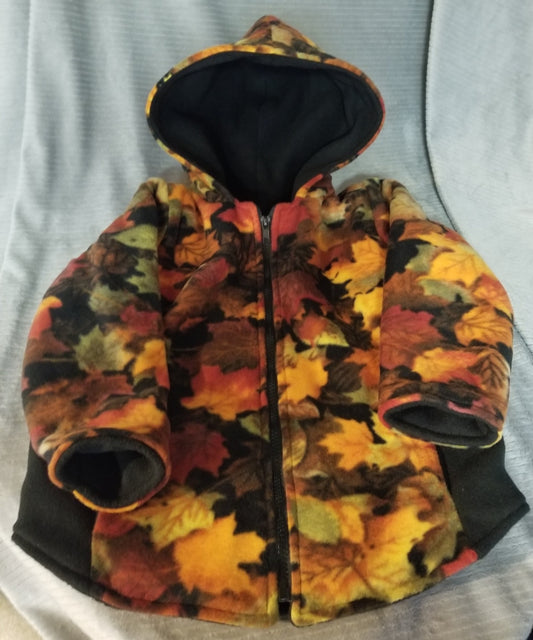 Fall Leaves Print Anti Pill Fleece Hooded Jacket with Black Anti Pill Fleece Lining Size 5, Warm Hooded Fleece Jacket with Pockets