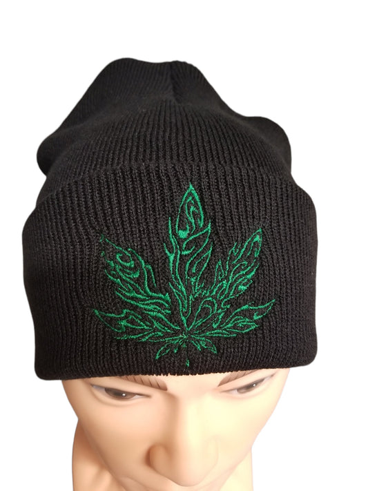 Cannabis Tribal Flame Embroidered Leaf Beanie, Marijuana Tribal Flame Embroidered Leaf Beanie, Canna Embroidered Beanie, 4 color options