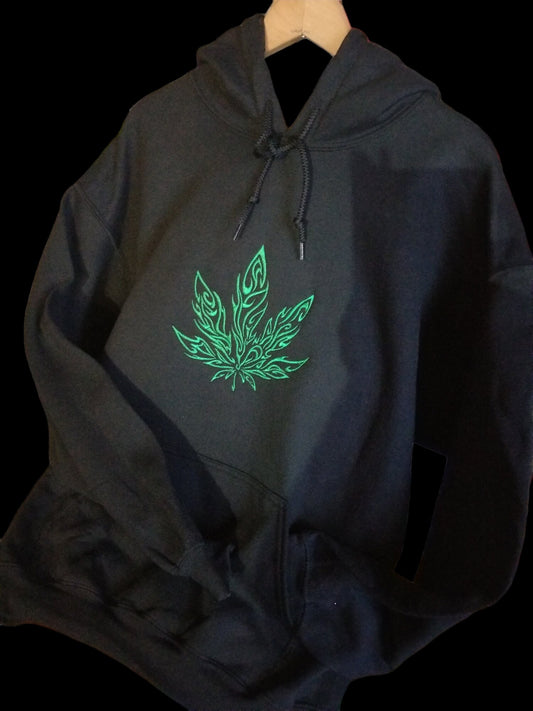 Marijuana Tribal Flame Design Embroidered Hoodie, Weed Leaf Hoodie, Cannabis Leaf Embroidered Hoodie in Black design front center