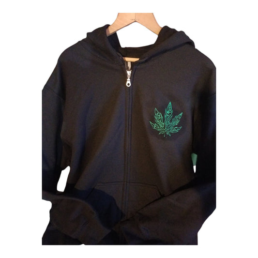 Marijuana Tribal Flame Design Embroidered Zippered Hoodie, Weed Hoodie, Cannabis Leaf Embroidered Zippered Hoodie in Black left side design