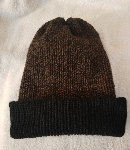Knit Beanie, Knit Winter Hat, Handmade Winter Hat, Handmade Winter Beanie, Reversible Beanie Mahogany Singe Print, Brown and Black Yarn