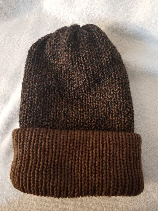Knit Beanie, Knit Winter Hat, Handmade Winter Hat, Handmade Winter Beanie, Reversible Beanie Mahogany Singe Print and Brown Yarn