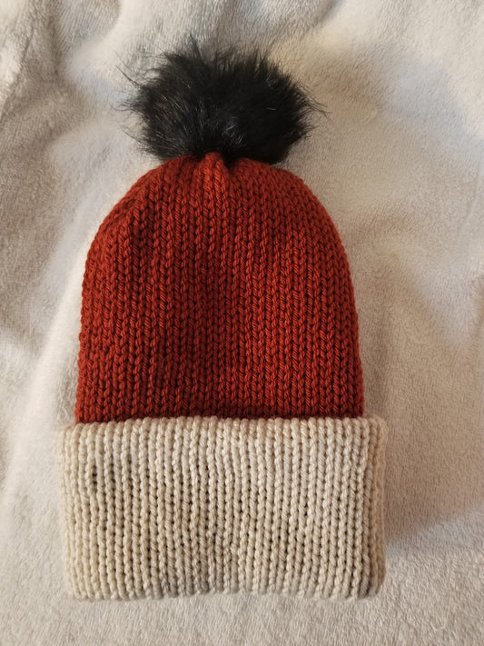 Knit Beanie, Knit Winter Hat, Handmade Winter Hat, Handmade Winter Beanie, Terra Cotta and Linen Beanie with Pom Pom