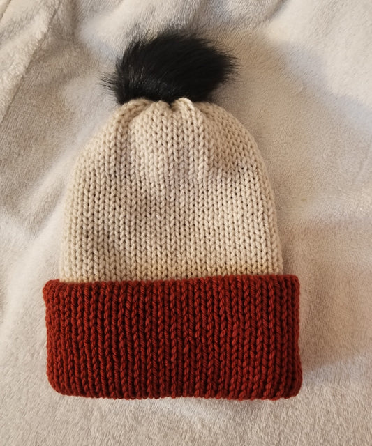 Knit Beanie, Knit Winter Hat, Handmade Winter Hat, Handmade Winter Beanie, Linen and Terra Cotta Beanie with Pom Pom