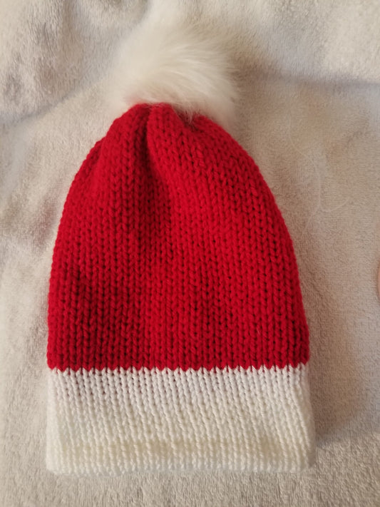 Knit Beanie, Knit Winter Hat, Handmade Winter Hat, Handmade Winter Beanie, Red and White Beanie with Pom Pom