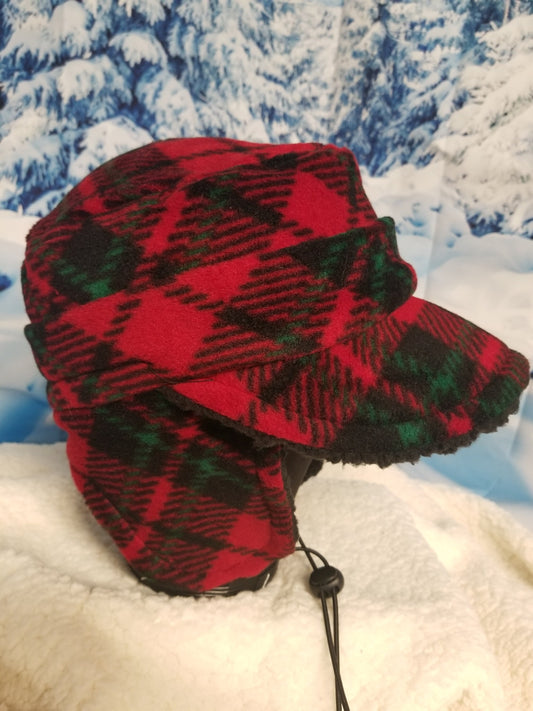 Red, green and Black Plaid Aviator Hat with Visor; Winter Hat; Trappers Hat; Pilot Hat; Sherpa Lined Hat; Ear Flap Hat; Visor Winter Hat