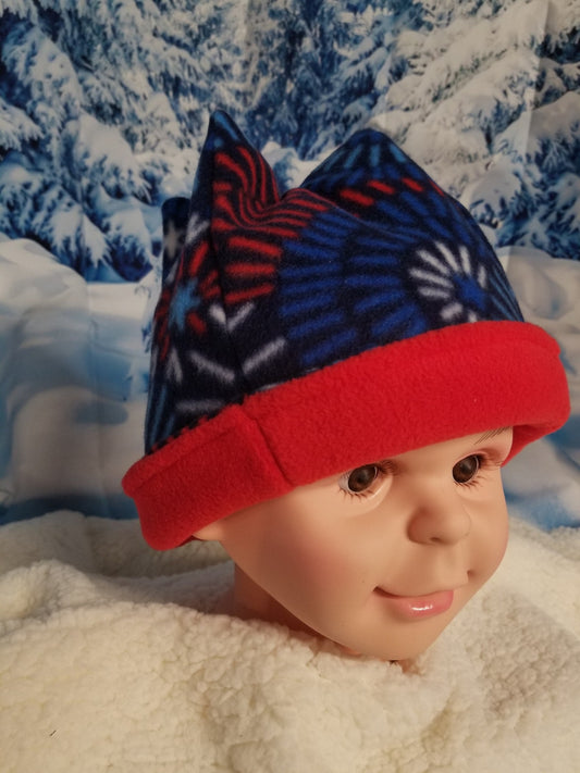Reversible 4 Point Retro Fleece Beanie fits up to 19 inches, Fun Winter Hat for Child, Handmade Winter Hat, Handmade Child Size Fleece Hat