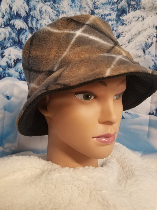 Brown Plaid Print Winter Hat; Winter Bucket Hat; Fleece Winter Hat, Fleece Bucket Hat, Winter Fleece Bucket Hat