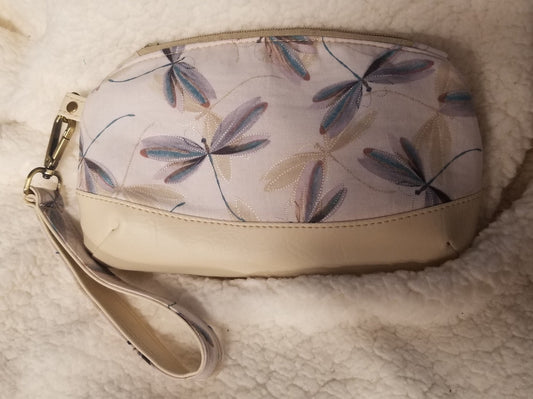 Dragonflies on Beige Background Clematis Wristlet, Vacation Clutch, Excursion Bag, Cosmetic Bag, Zipper pouch with detachable wristlet strap
