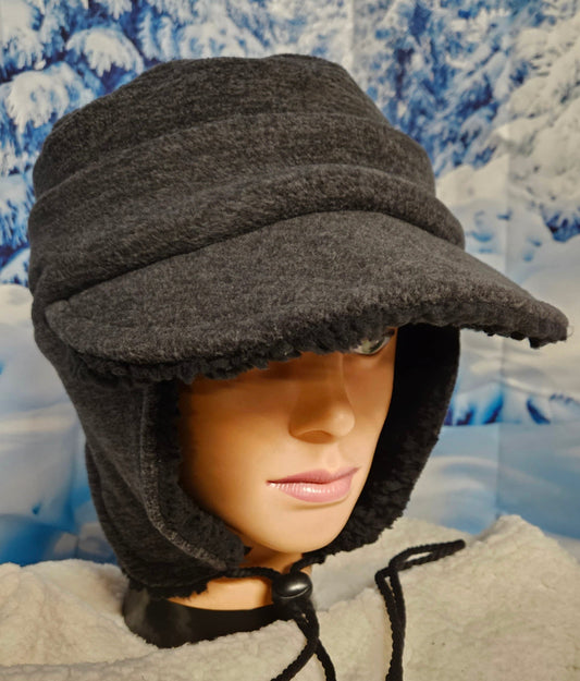 Gray Anti Pill Fleece Aviator Hat with Visor; Winter Hat; Trappers Hat; Pilot Hat; Sherpa Lined Hat; Ear Flap Hat; Visor Winter Hat