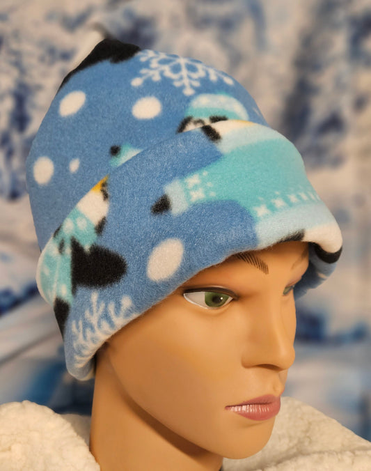 Penguin Print 4 Point Fleece Winter Hat, Retro Hat, Toque, Warm Winter Hat, Fleece Brim Hat, Cozy Fleece Hat